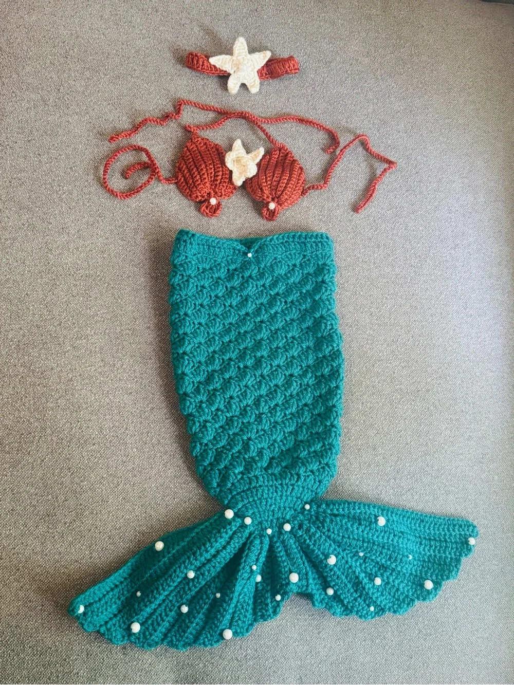 Handmade Teal Mermaid Tail Set with Rust Bikini and Cream Star Accent